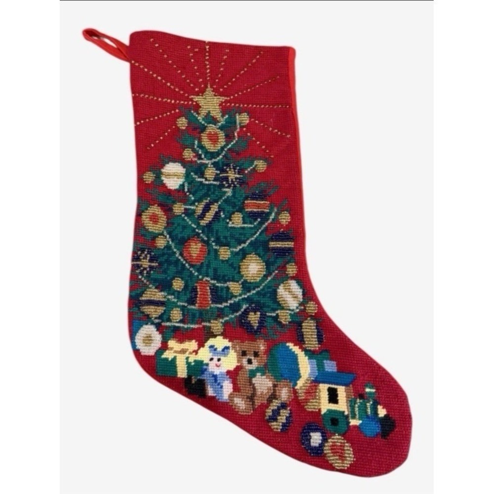 VTG Needlepoint Christmas‎ Stocking Glass Beaded Train Tree Gifts Wool Velvet